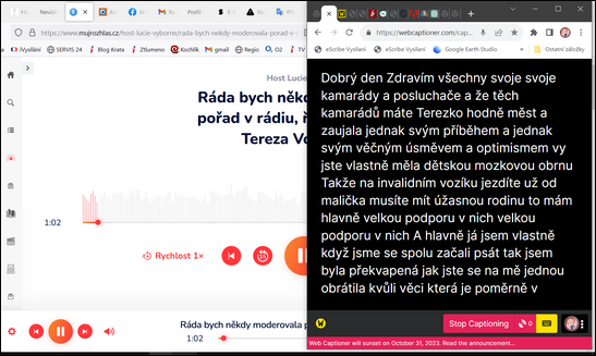 okno s přepisem podcastu